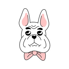 French Bulldog comic Portrait. Serious male dog head with bow tie. Fun, humor, caricature. Black and white Doggy vector illustration in outline style.