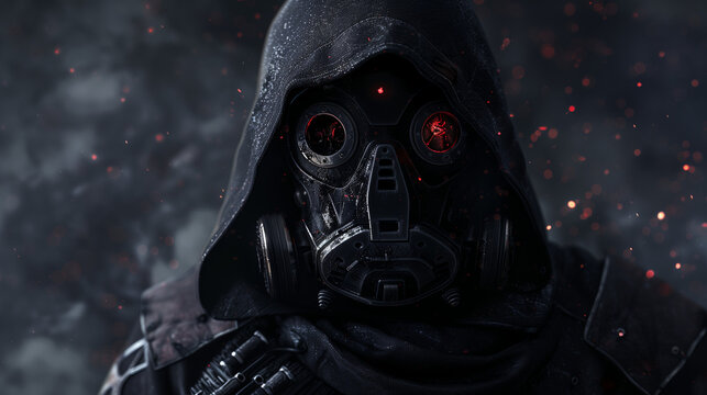 A mysterious hooded figure wearing a futuristic gas mask with glowing red eyes, amidst smoky background and embers