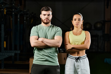 A male trainer teaching self-defense techniques to a woman in a gym, both standing confidently next to each other.