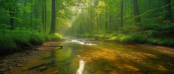 Fototapeta premium light beaming on trees and a stream in a woodland with a verdant backdrop.