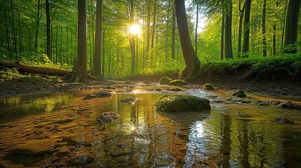 Obraz premium light beaming on trees and a stream in a woodland with a verdant backdrop.