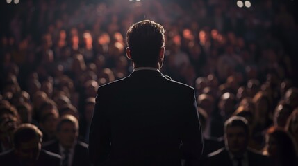 Fototapeta premium Back view of a politician in a black suit standing in front of an audience, delivering an important announcement and political speech.