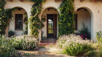 Obraz premium ranch house with a front garden that includes a series of archways, each covered with different types of climbing vines