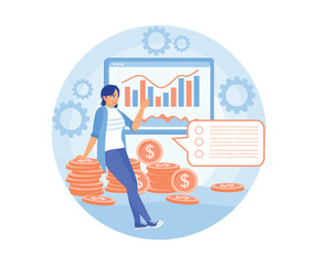 Women are analyzing statistical charts. Learn how to manage finances. Financial education concept. Flat vector illustration.