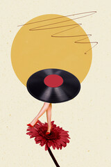 Artwork magazine collage picture of sexy lady legs vinyl plate instead body isolated beige color...