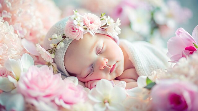 Delicate pastel petals and soft focus blurred flowers create serene gentle background for newborn baby's precious early memories capture.