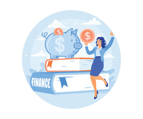 A young woman saves money in a piggy bank. Invest in future education. Financial education concept. Flat vector illustration.