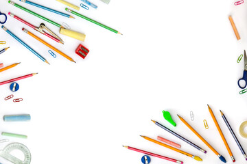 Back to School. School supplies ( pencils, sharpener, clips, compass, protractor, scotch tape,...