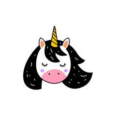 Cute unicorn head illustration with mane and horn