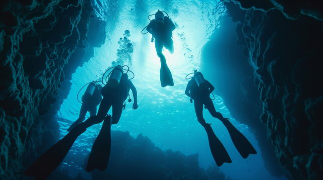 Group of scuba divers navigating through an underwater cave system, illuminated by their flashlights, capturing the thrill of cave diving