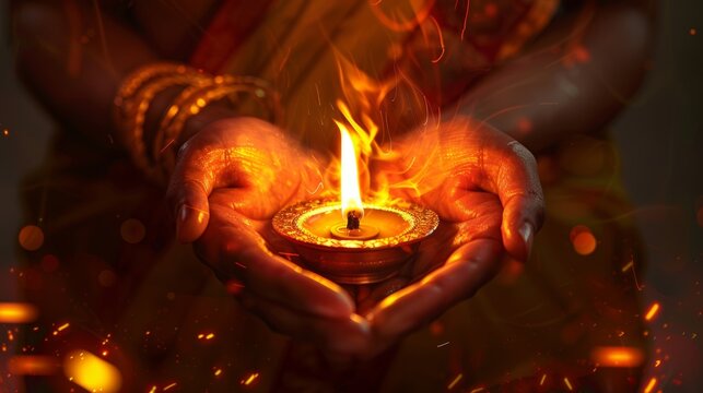 hands performing aarti with a lamp, in front of a deity. Cartoon illustrations vectors Generative AI