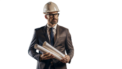 Architect Holding Blueprints and Wearing a Suit with Hard Hat