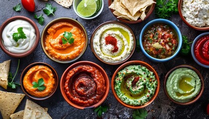 A colorful array of various dips and sauces in bowls, arranged with fresh ingredients and tortilla chips on a dark rustic background.