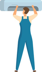 Repairman is installing an air conditioner, carefully lifting the unit into place