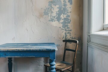 Blue Table and Chair in Dining Room of Stylish Apartment Near White Wall