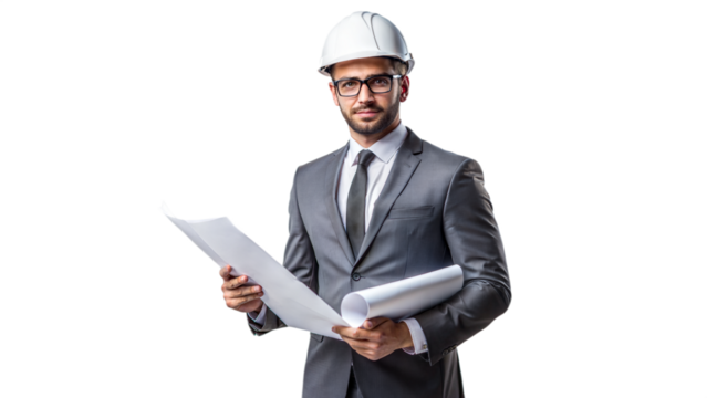 Professional Architect Holding Blueprints in Suit and Safety Helmet