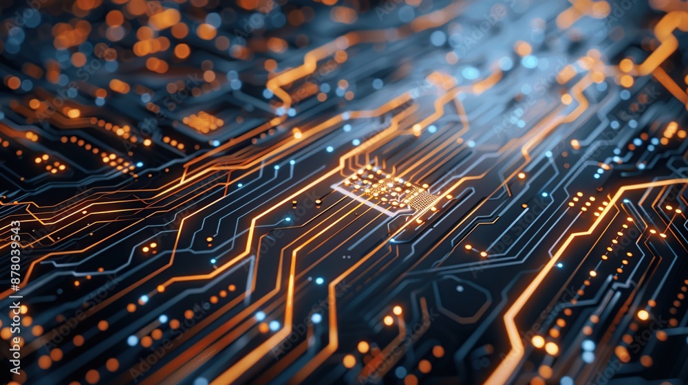 Poster glowing orange and blue circuit board with a central processing unit