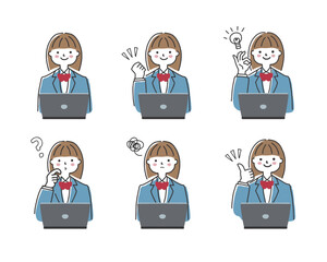 パソコンで調べものをする女子学生　表情のセット