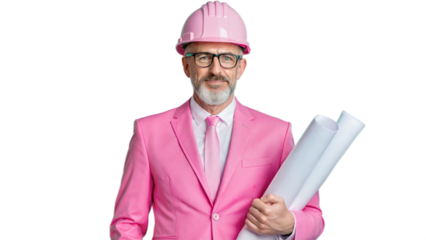 Confident Architect in Pink Suit Holding Blueprints