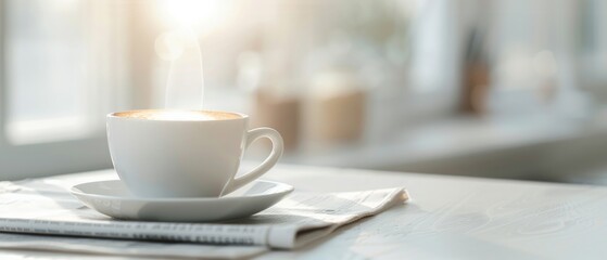 Fototapeta premium A serene morning scene featuring a cup of coffee on a table, accompanied by a newspaper, bathed in gentle sunlight through a window.