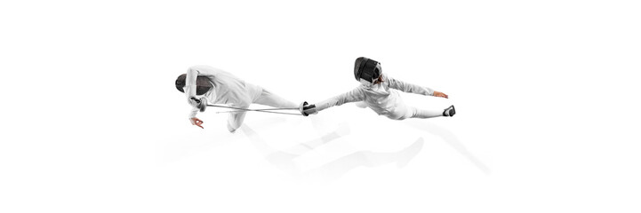 Banner. Aerial view of l two athletes during duel, each refining their defensive and offensive...
