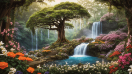 Fototapeta premium A winding wooden path through a lush bamboo forest, with a river flowing alongside it. The sky is partly cloudy.