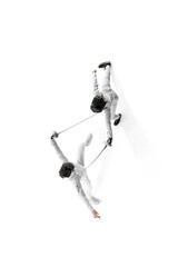 Poster. View from above of two fencers practice their skills, each focusing on improving their...