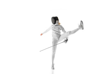 Dynamic photo of balancing on one leg, female fencer exhibits combination of strength and precision...