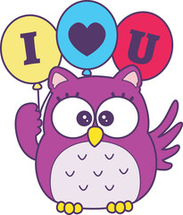 Sticker of violet owl daily activities.
Emoticon of cute owl in daily life.
Cute owl carrying a three ballons with text 'I Love You'
