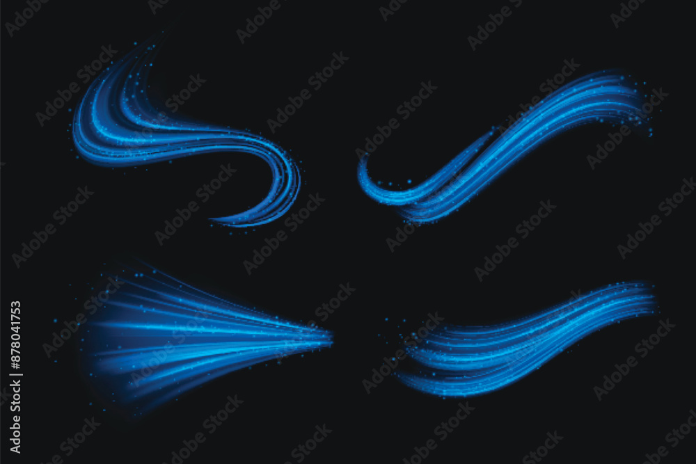 Wall mural circle and wave blue wind effect with particles. realistic 3d vector illustration set of abstract cu