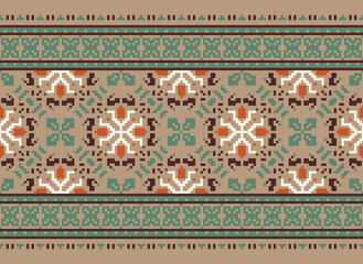 
Ethnic Geometric Seamless Fabric Pattern Cross Stitch. Ikat Embroidery Oriental Pixel Pattern Cream Background. Abstract, vector, illustration. Texture,cross Stitch,scarf,decoration,motifs,wallpaper.