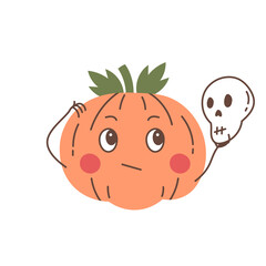 Halloween pumpkin with skull. To be or not to be parody caricature. Cute cartoon pumpkin character reflects and holds a skull in hand. Flat vector illustration for Holiday and celebration design
