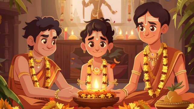 Sacred thread ceremony Upanayana being performed for a young boy by a Brahmin. Cartoon illustrations vectors Generative AI