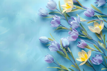 Fototapeta premium pastel blue illustration with spring flowers abstract background with copy space