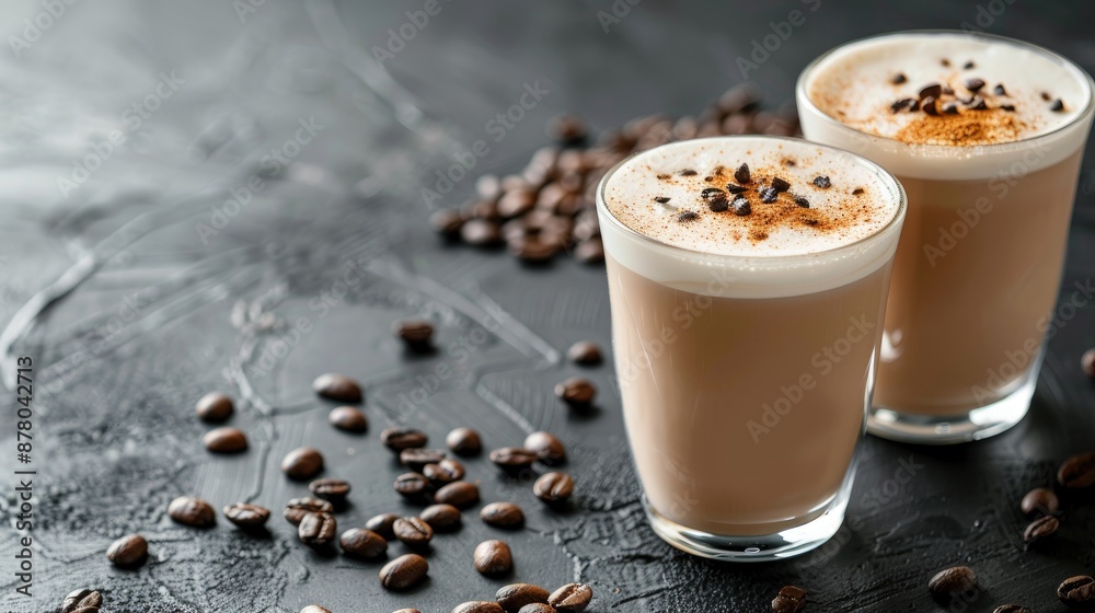 Sticker Macciato latte and cappuccino with coffee beans on black mirror background Frothy cappuccino with cacao focus on drinks