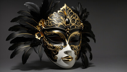 It's a black masquerade mask with gold accents and black feathers.

