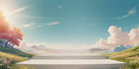 wide white podium image of a bright spring day with green field, flowers, mountains and clouds for product mockup (2)