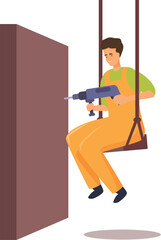 Construction worker is using an electric drill while sitting precariously on a swing to drill a hole in a wall