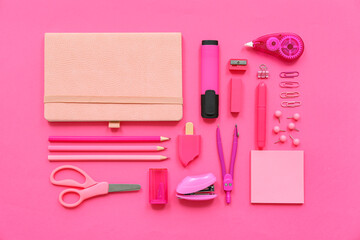 Different stationery on pink background