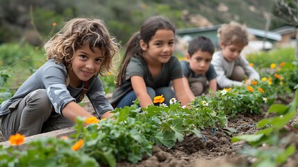  Kids at a community garden, tending to their plants and flowers with enthusiasm. Planting, and enjoying their labor as their garden flourishes 