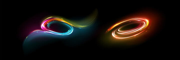 Abstract neon light swirls set isolated on black background. Vector realistic illustration of yellow, blue, orange color vortex, magic energy speed effect, futuristic portal, shiny luminous trails