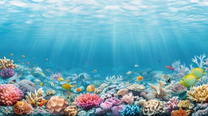 Obraz premium Underwater scene in the deep blue sea, a vibrant array of marine life and corals, illustrating the rich biodiversity of ocean habitats