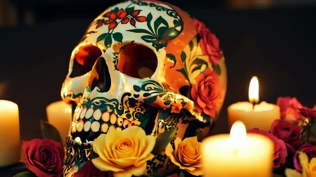 Day of the Dead sugar skull with candles and rose