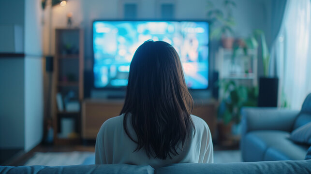 部屋でテレビをいている女性の後ろ姿「AI生成画像」