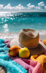 Summertime scene of a straw hat and mangoes resting on a colorful towel on the beach, with the turquoise ocean in the background