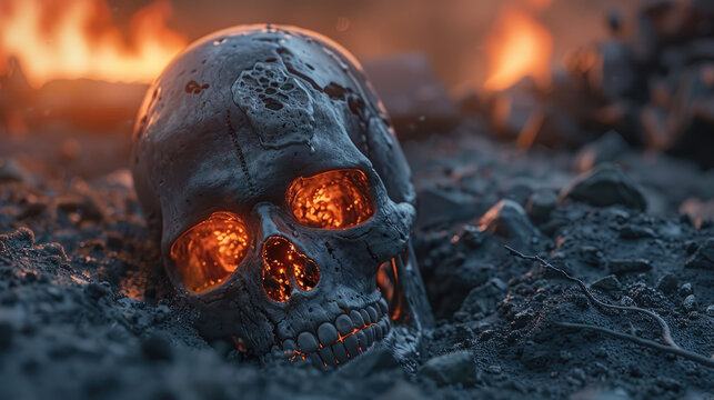 Spooky zombie emerges from grave on Halloween night with detailed decaying skin, in a dark, eerie 3D render.