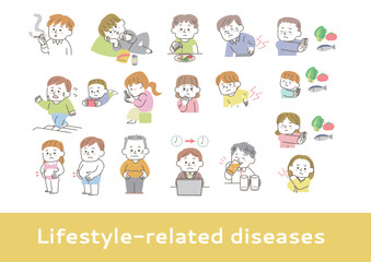 Fototapeta premium 生活習慣病の原因になる行動をしている人々のイラスト