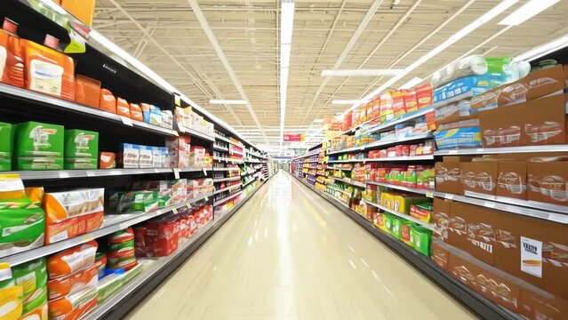 Empty supermarket aisle with various products on shelves
