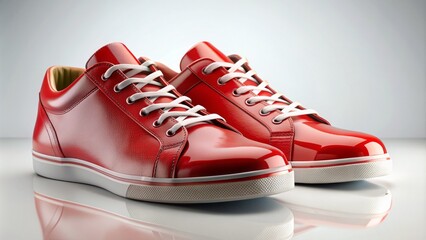Ultra-detailed, photorealistic render of sleek, fire-engine red sneakers against a crisp white background, showcasing precise lacing and stitching.