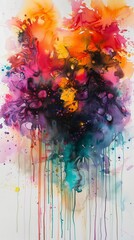 Abstract watercolor painting with vibrant colors and drips, featuring floral-like shapes